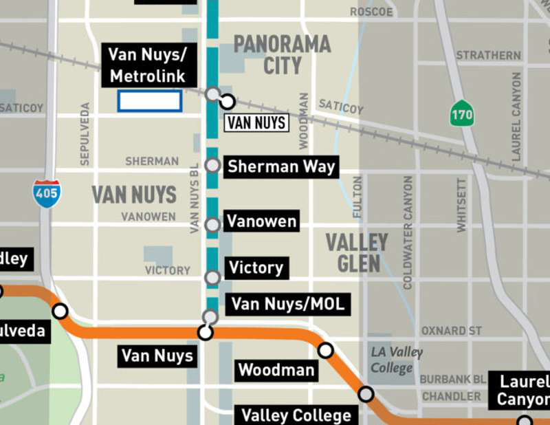 East San Fernando Valley Light Rail Transit map with the Sherman Way station at Van Nuys Boulevard