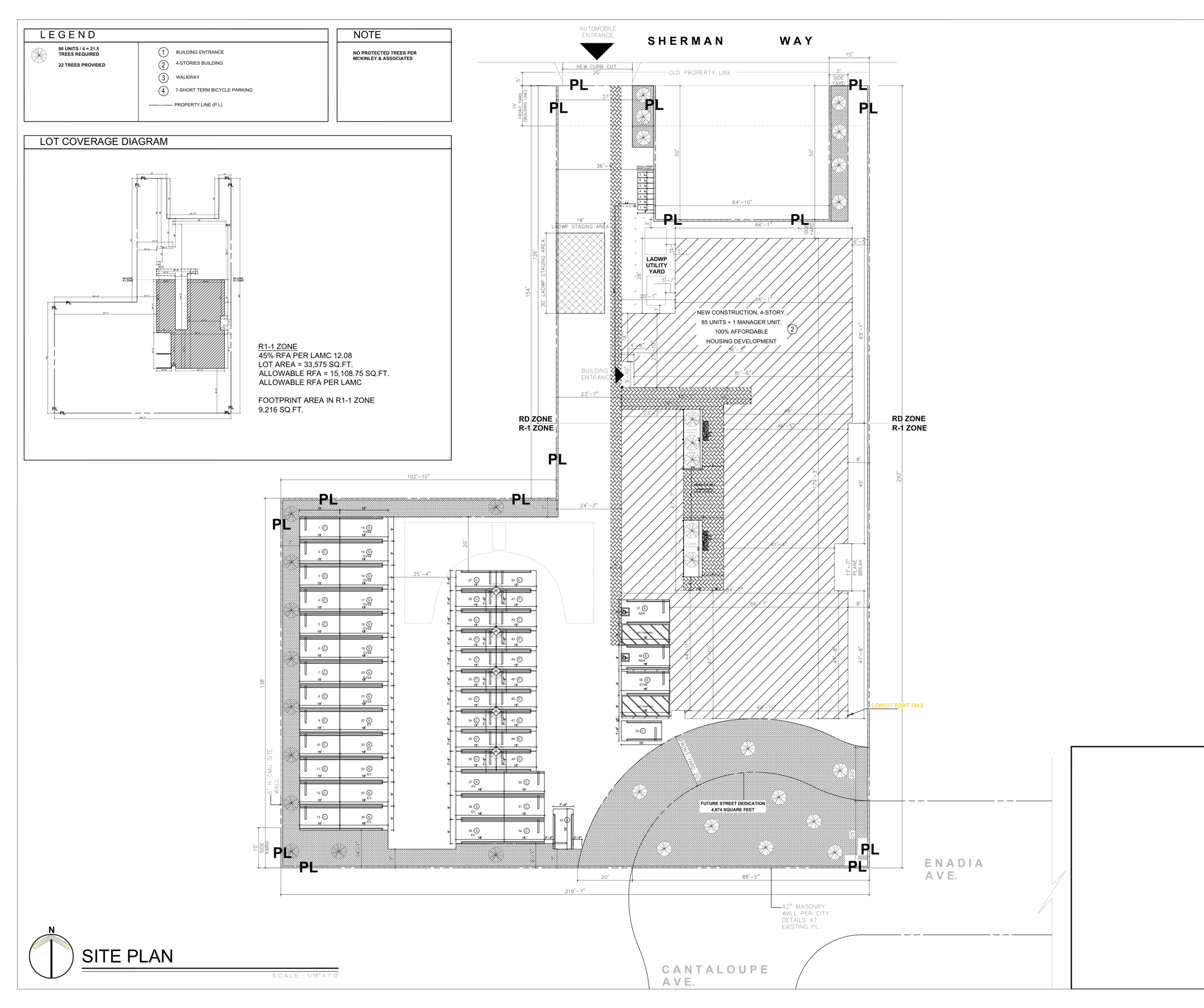 Approved site plan showing the four-story building along Sherman Way and the parking court at the rear